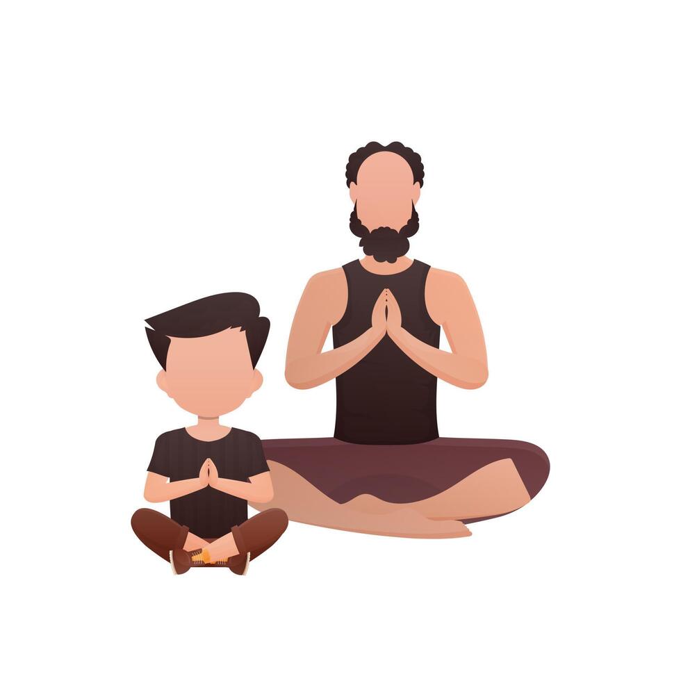 Dad with little son sit meditate. Isolated. Cartoon style. vector