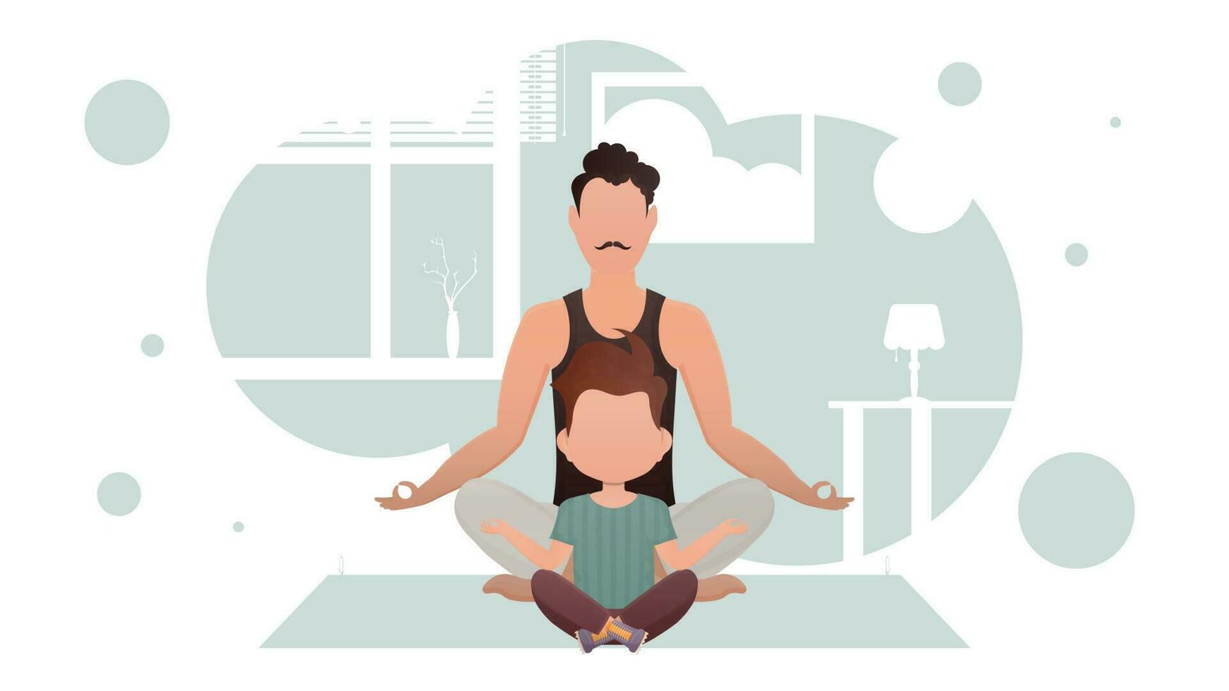 Dad with a little son sit meditate in the lotus position. Meditation. Cartoon style. vector