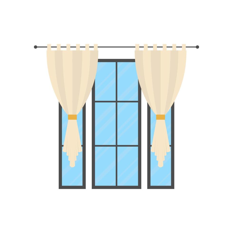 Panoramic window with a white curtain. Isolated Cartoon style. vector