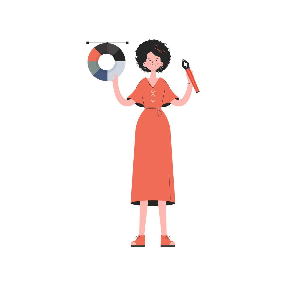 Woman standing full length with color wheel and pen tool. Isolated. Element for presentations, sites. vector