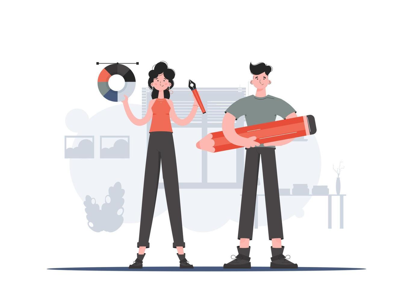 A man and a woman stand in full growth and hold a pen tool. Design. Element for presentations, sites. vector