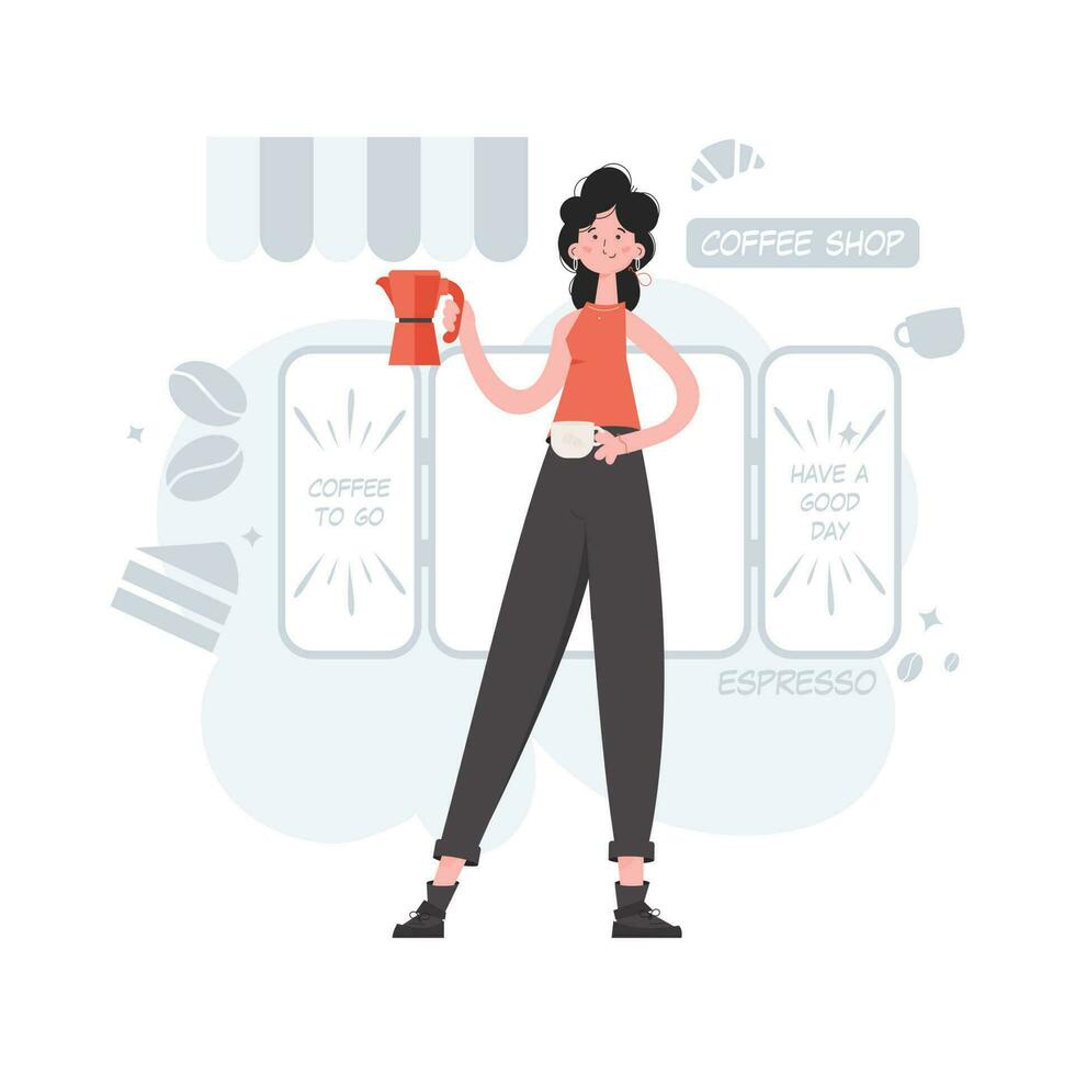 un mujer soportes en lleno crecimiento en su manos un taza y un café maceta. café tienda. elemento para presentaciones, sitios vector