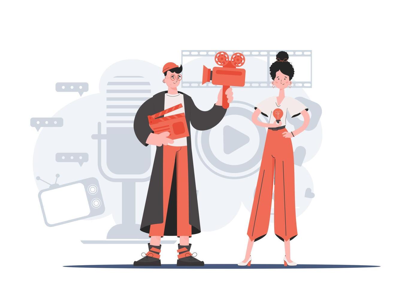 A man and a woman stand in full growth and hold a camera and a light bulb. Idea. Element for presentations, sites. vector