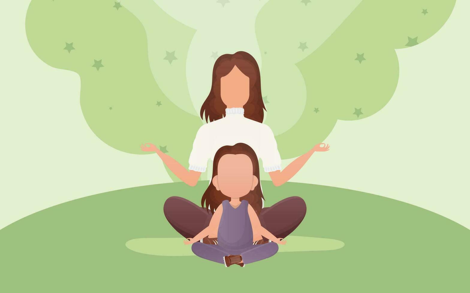 Mom and daughter meditate in the lotus position. Cartoon style. Sports lifestyle. Vector. vector