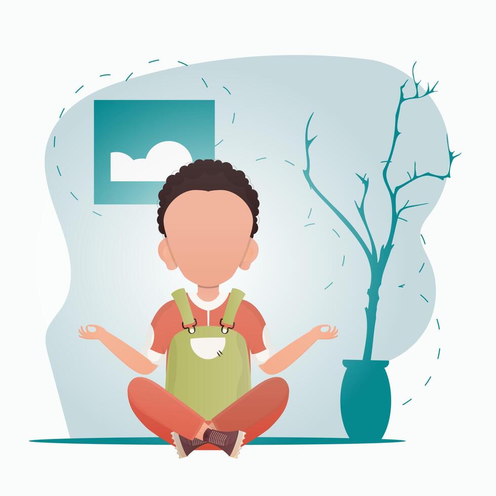 A cute little boy is sitting in the lotus position and doing yoga in the room. Sports and recreation concept. Cartoon style. Vector illustration.