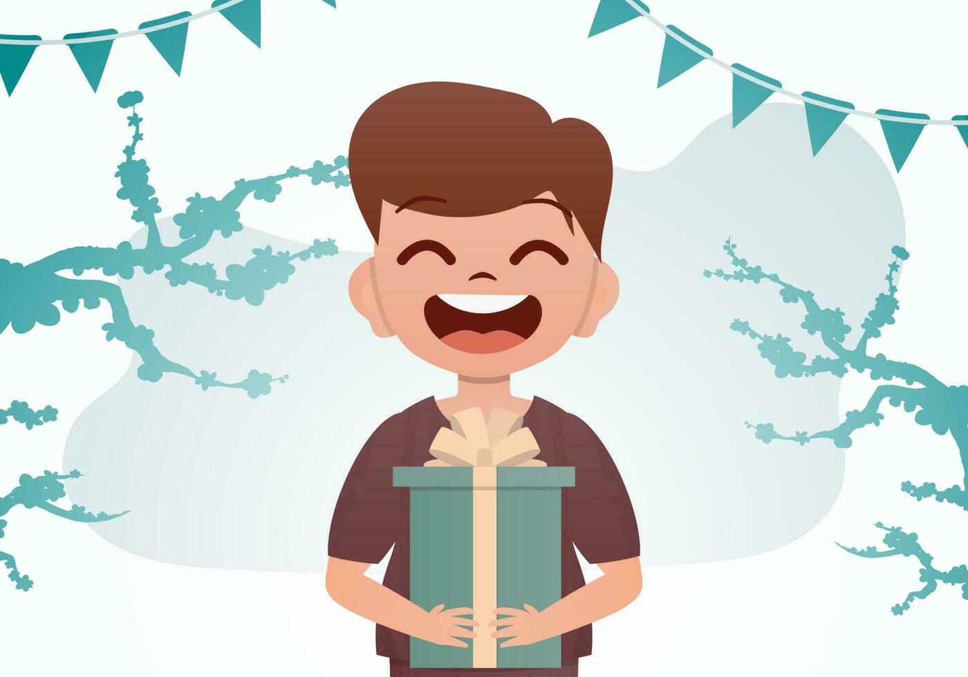 Smiling preschool boy holding a gift box. Birthday. Cartoon style. vector