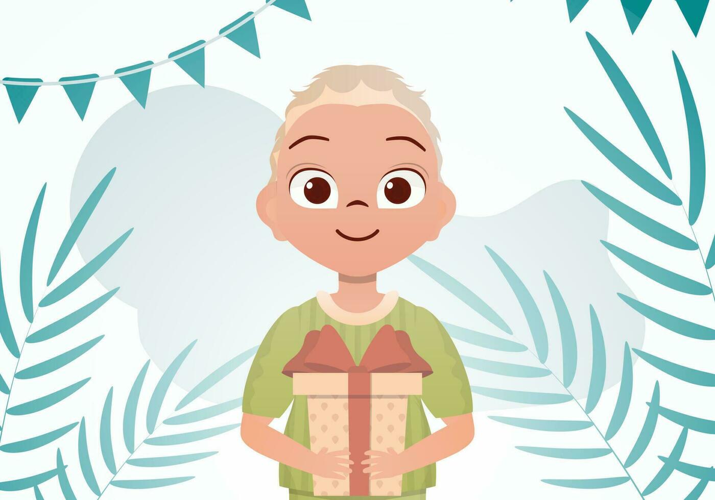 Smiling preschool boy holding a gift box in his hands. Birthday. Cartoon style. vector