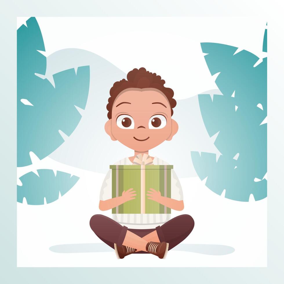 A joyful child boy sits in a lotus position and holds a gift box with a bow in his hands. Birthday, new year or holidays theme. Cartoon style. Vector illustration.