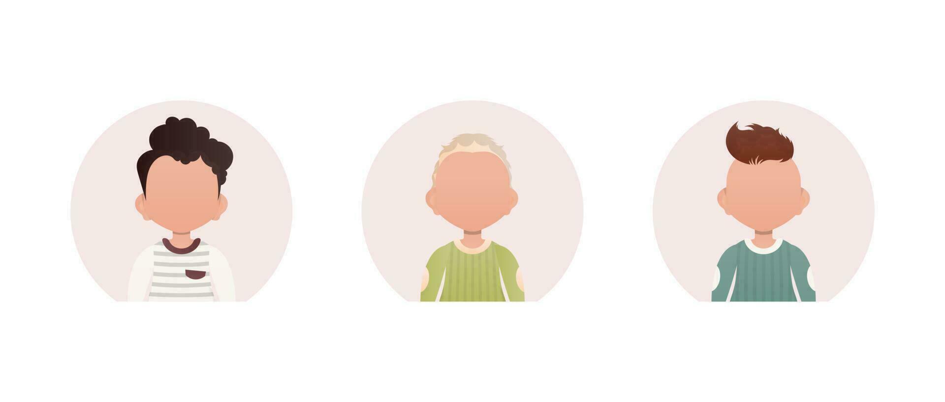 A set of portraits of boys with different hairstyles. Isolated. vector