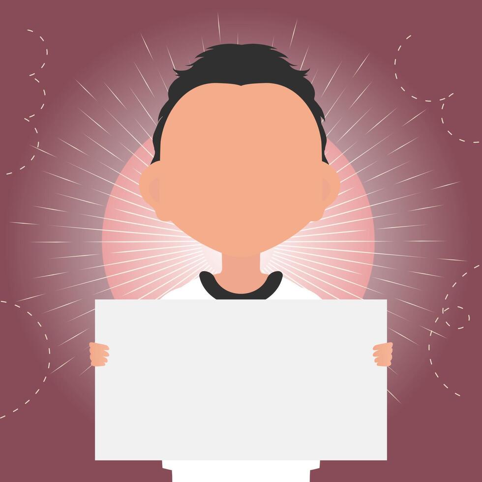 A cute little baby boy is holding an empty transport box. Place for your logo, text or design. Cartoon style. Vector illustration.
