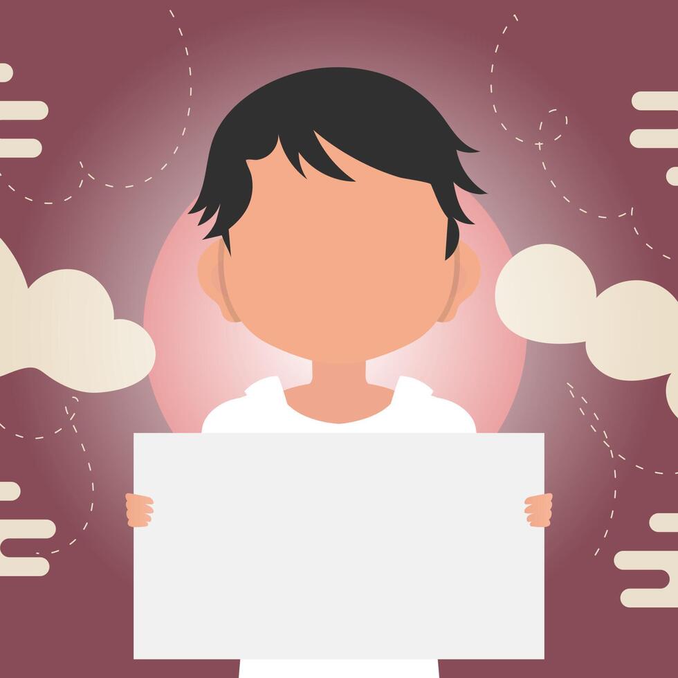 A cute little boy is holding a blank sheet of paper in his hands. Place for your logo, text or design. illustration in cartoon style. vector