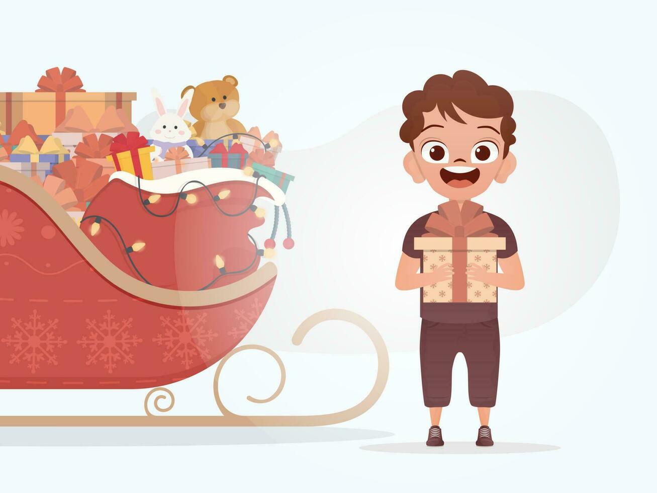 sonriente preescolar chico en pie y participación un caja con un arco. Navidad. dibujos animados estilo. vector
