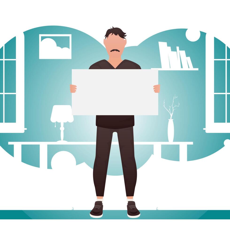 A guy of strong physique stands at full height and in his hands is an empty space for advertising. Place for your advertisement. Cartoon style. vector