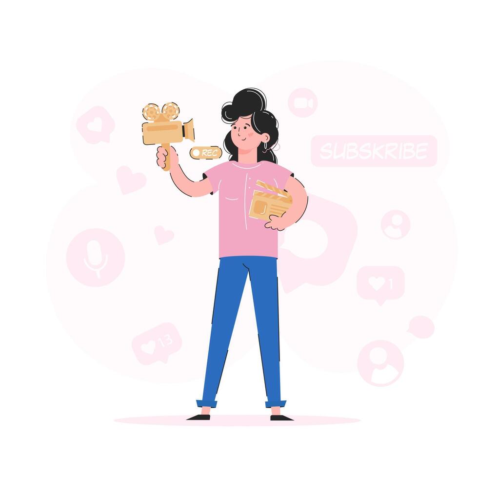 The girl holds a camera and a clapperboard in her hands. Blogging concept. Trendy vector