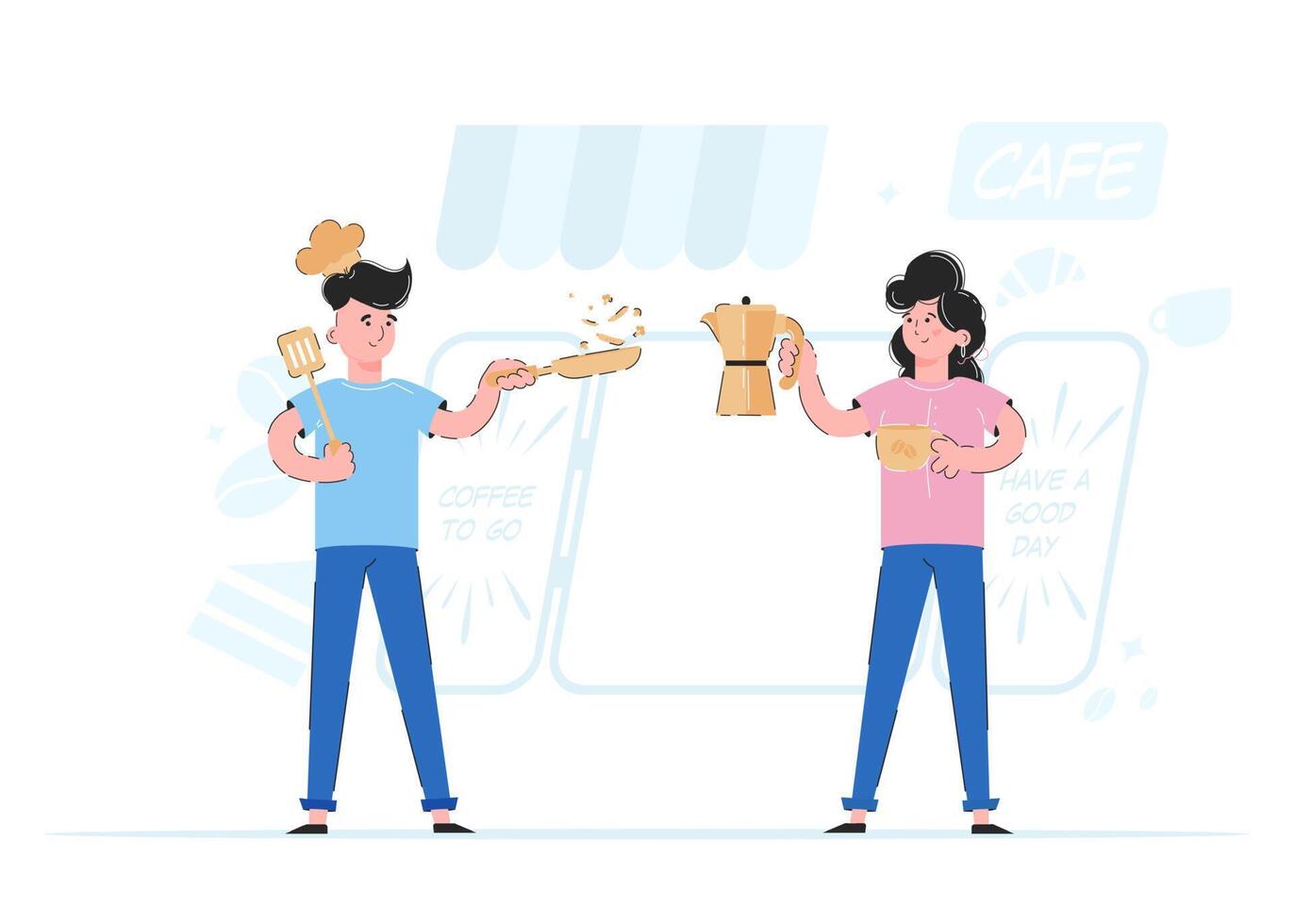 Boy and girl are cooking. The concept of service in a restaurant or cafe. Good for websites, apps and presentations. Trend vector illustration.