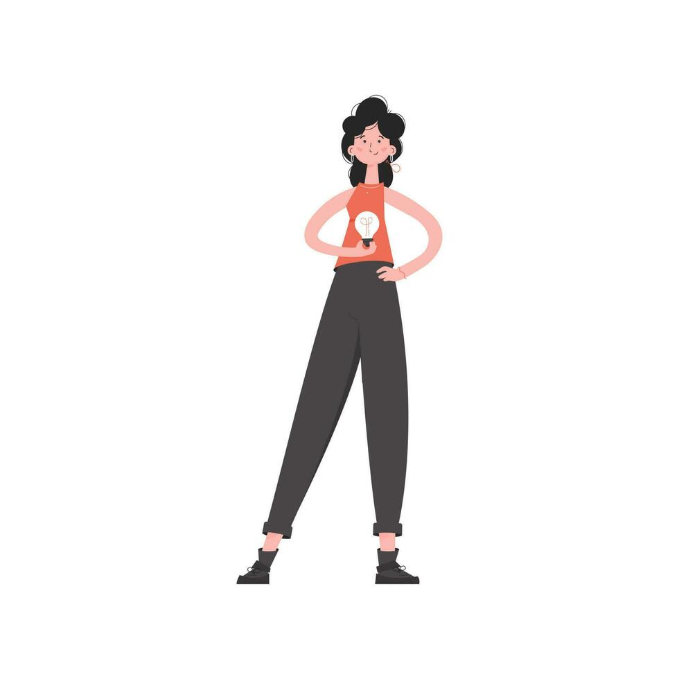 A woman stands in full growth with a light bulb in her hands. Isolated. Element for presentations, sites. vector