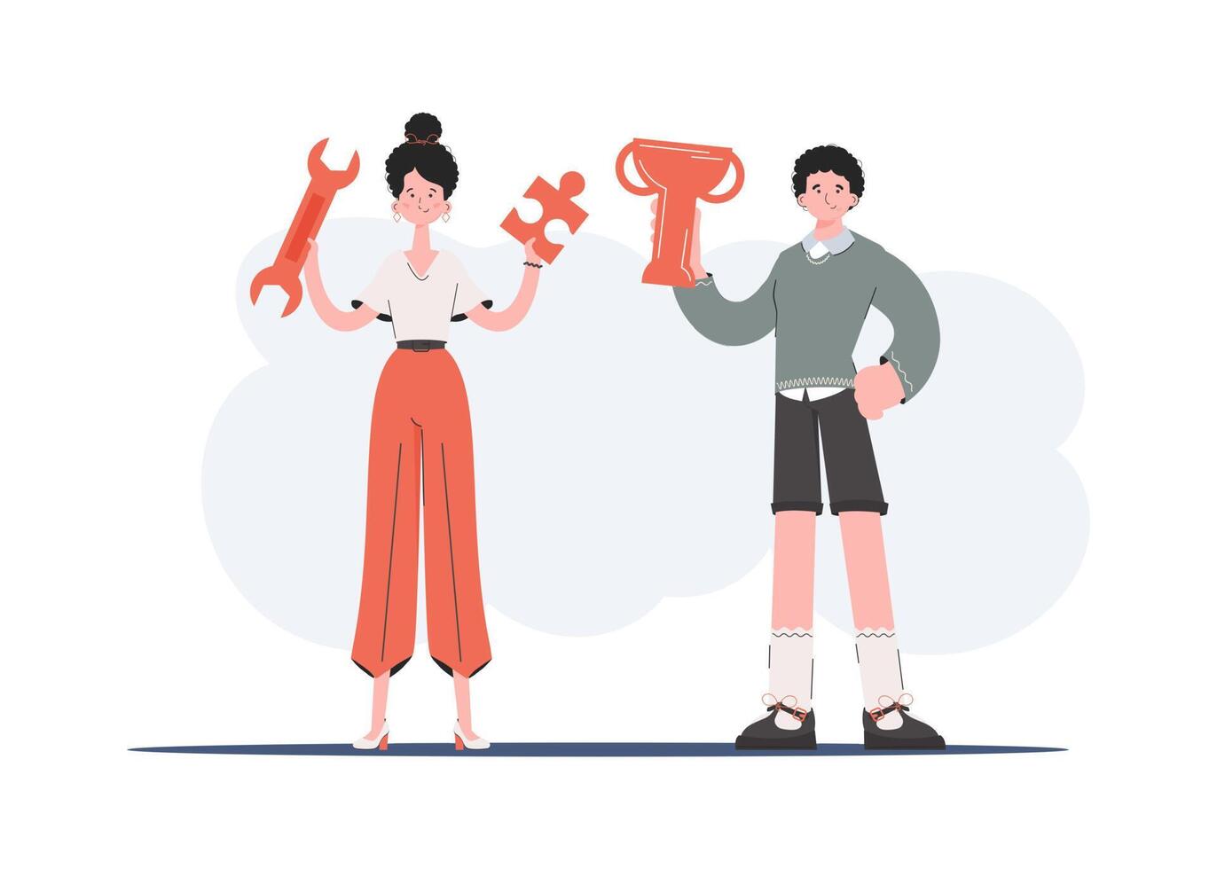 A man and a woman stand in full growth and hold a wrench and a goblet. Victory. Element for presentations, sites. vector