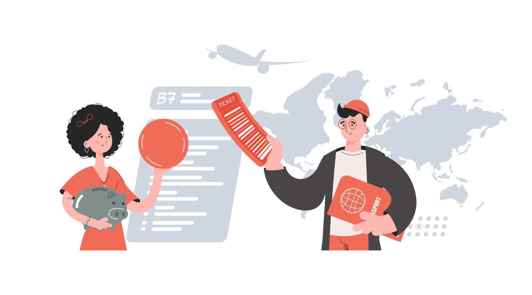 A man and a woman stand with a belt and hold a piggy bank and a ticket. Travels. Element for presentations, sites. vector