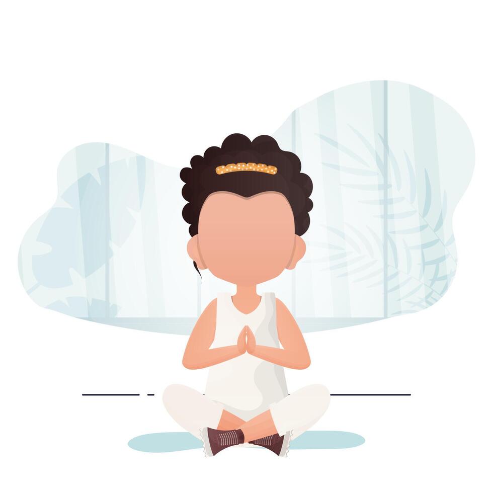 Little girl sits in the lotus position. Children's meditation. Vector illustration.