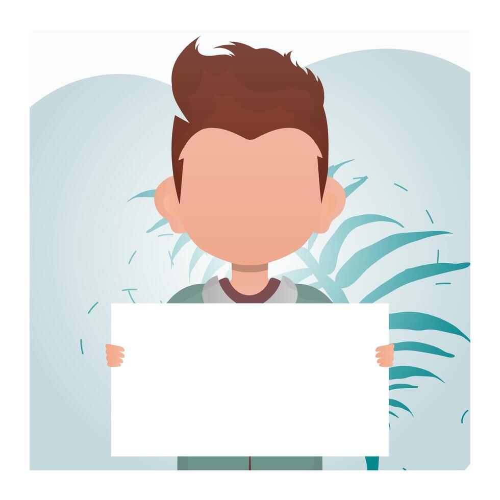Cute preschool boy holding a blank banner. Place for text. Cartoon style. vector