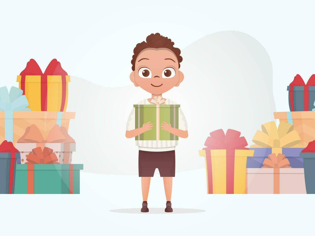 A little boy is holding a gift box in his hands. New Year. Cartoon style. vector