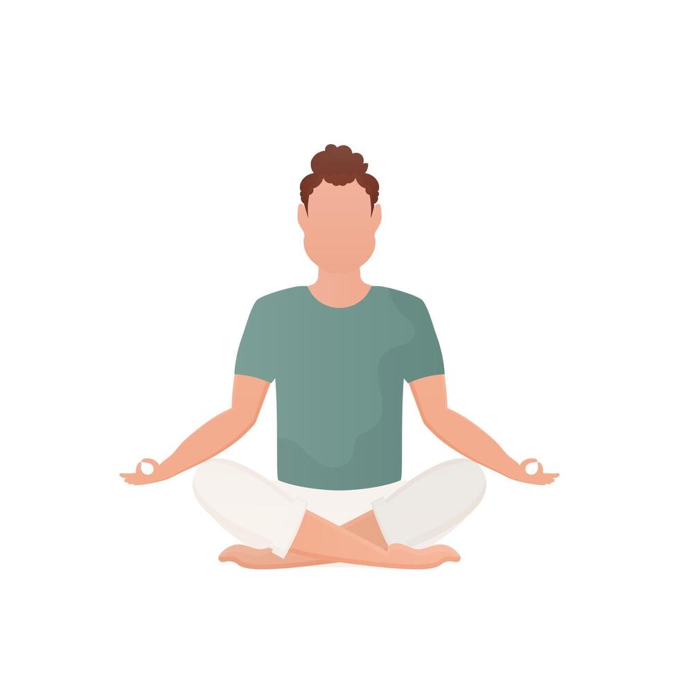 A man sits in a lotus position and meditates. Isolated. Cartoon style. vector