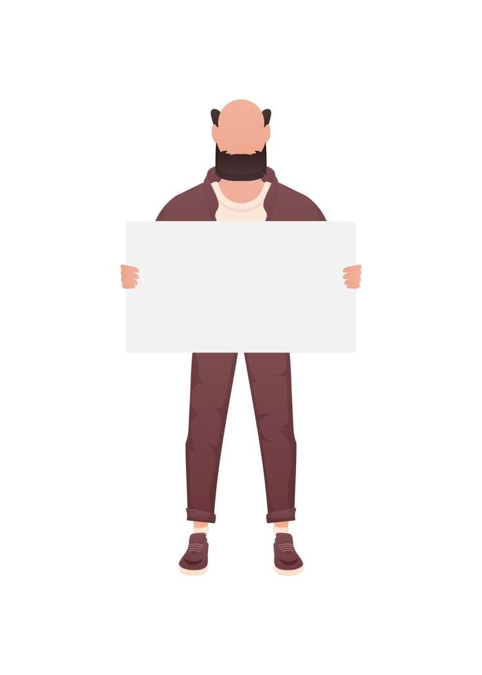 A guy of a strong physique in full growth and holds an empty banner in his hands. Isolated. Cartoon style. vector