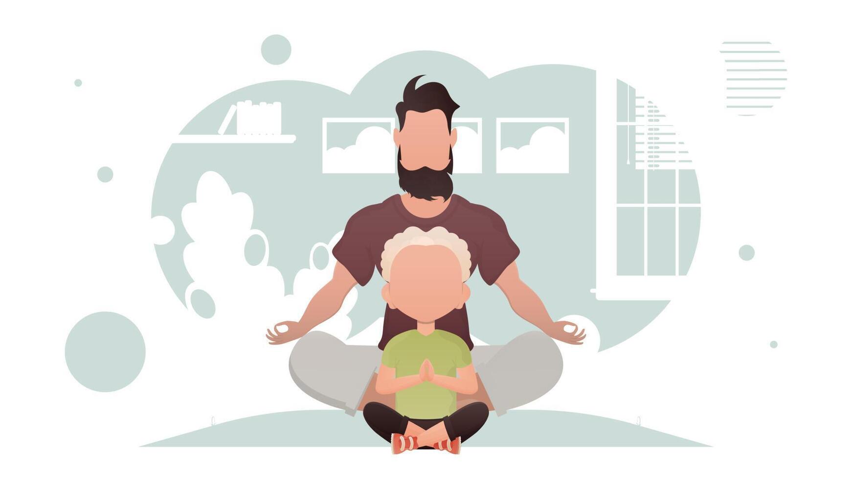 Dad and son are sitting meditating in the lotus position. Yoga. Cartoon style. vector