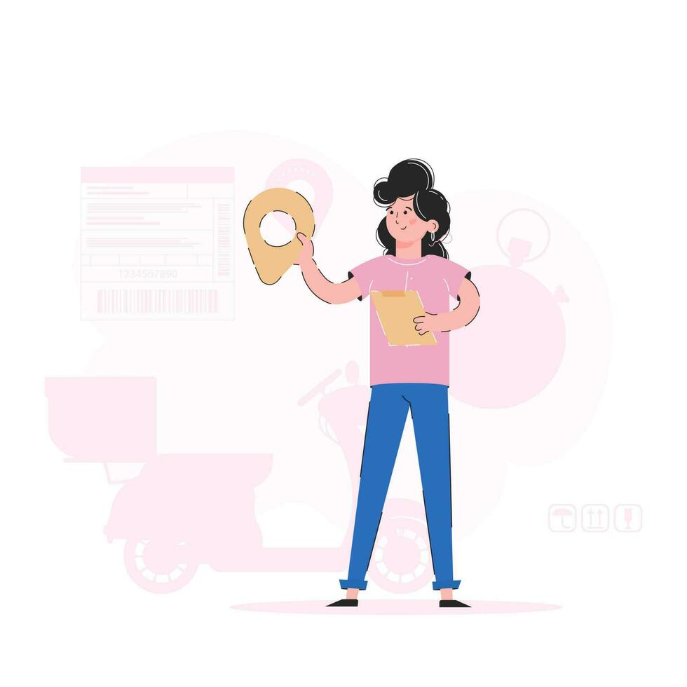 The girl holds a list and a geolocation tag in her hands. Trend illustration. Good for apps, presentations and websites. Vector. vector