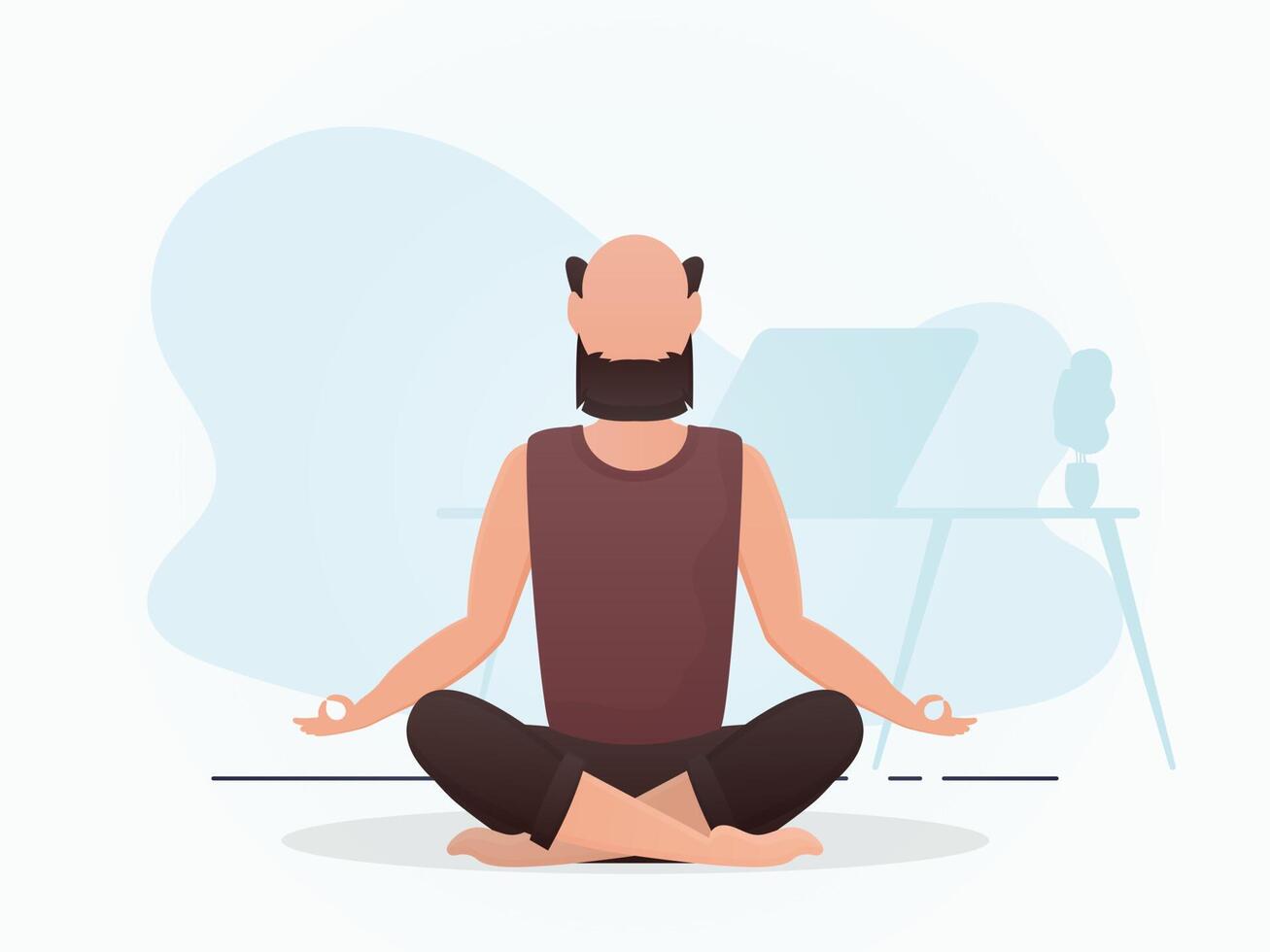 A man sits in a room doing meditation. Yoga. Cartoon style. vector