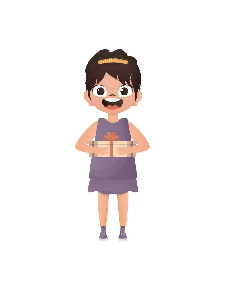 A cute little girl is holding a beautiful box in her hands. Isolated. Cartoon style. vector