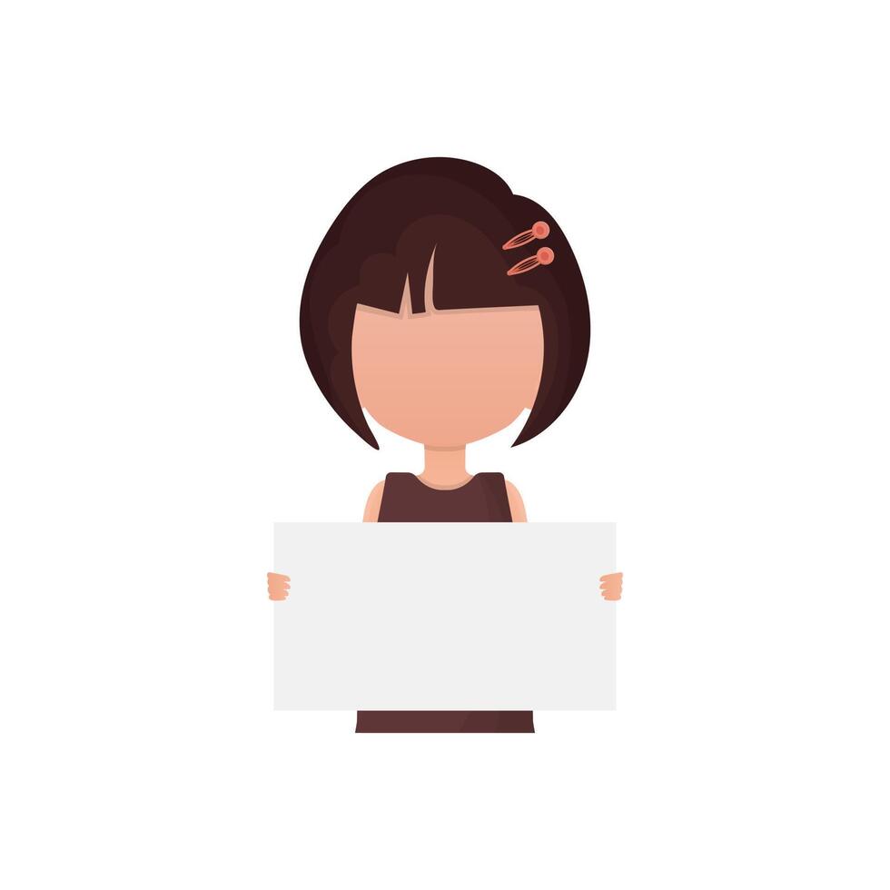 A small child girl holds a blank sheet of paper in her hands. Isolated. Flat style. vector