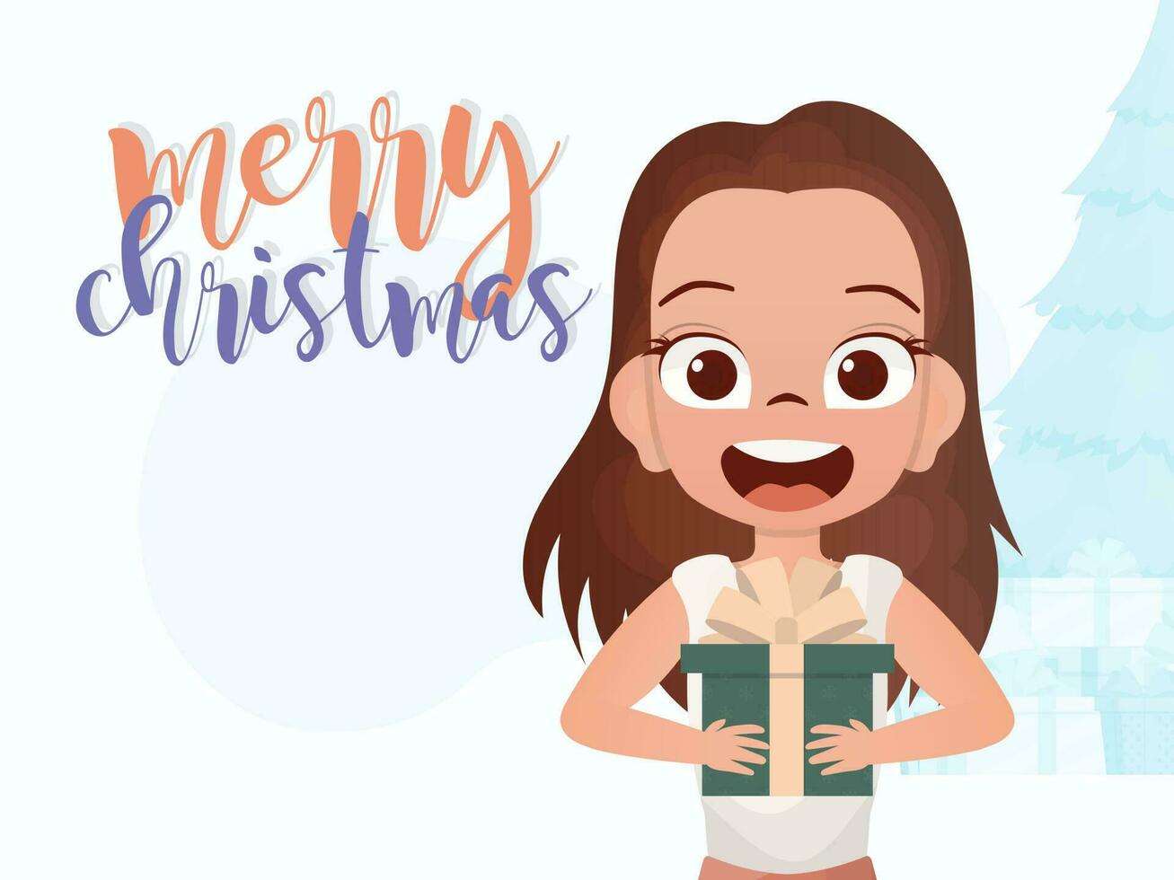 A little girl is holding a gift in her hands. New Year banner. Flat style. vector