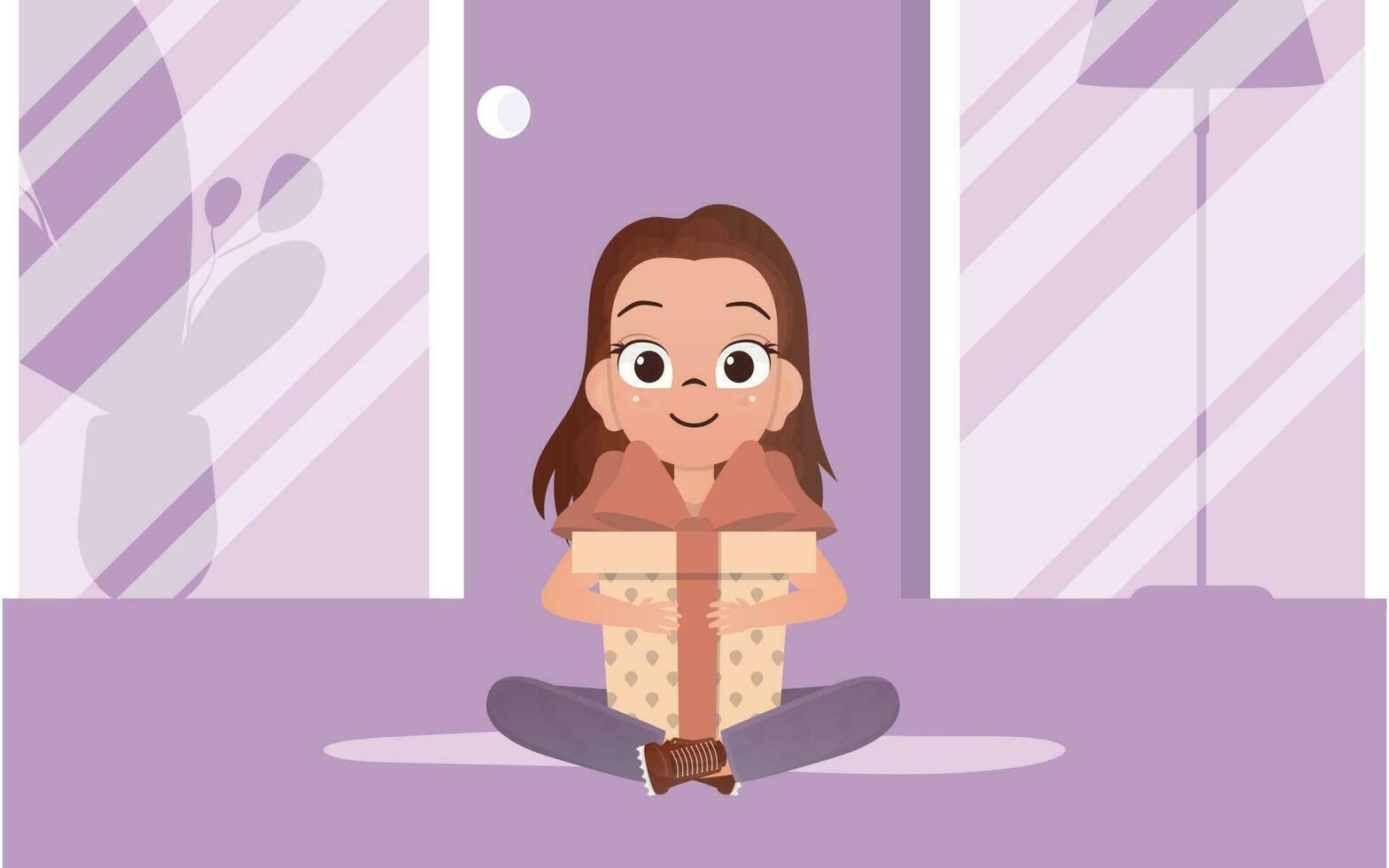 A happy girl sits in a lotus position and holds a gift box in her hands. Vector. vector