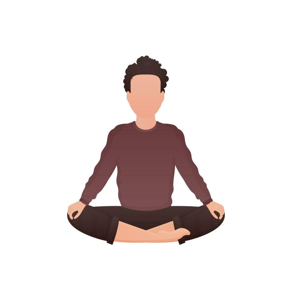 The guy of a strong physique sits is engaged in meditation. Isolated. Cartoon style. vector