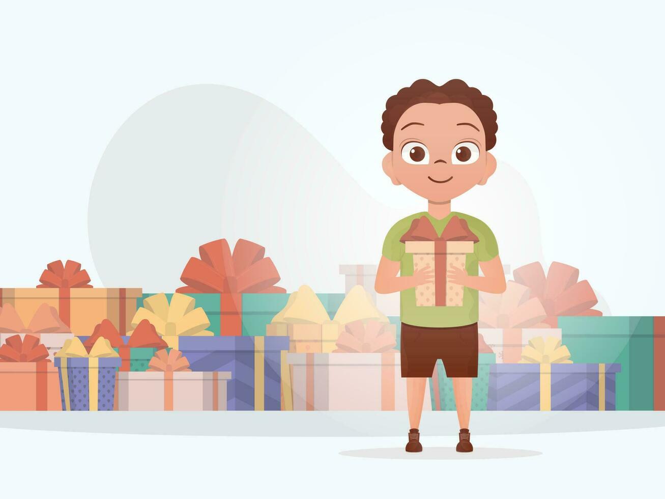 A little boy is holding a beautiful box. Christmas. Cartoon style. vector