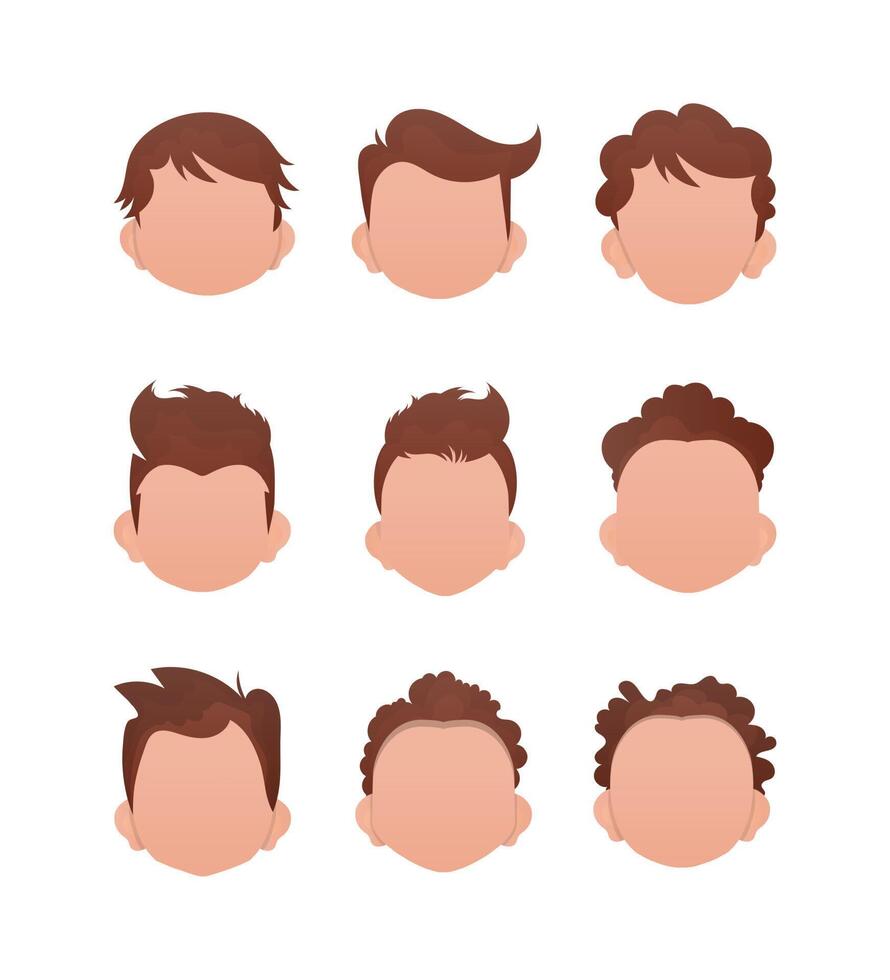 Big Set of Faces of little boys with different hairstyles. Isolated. . vector