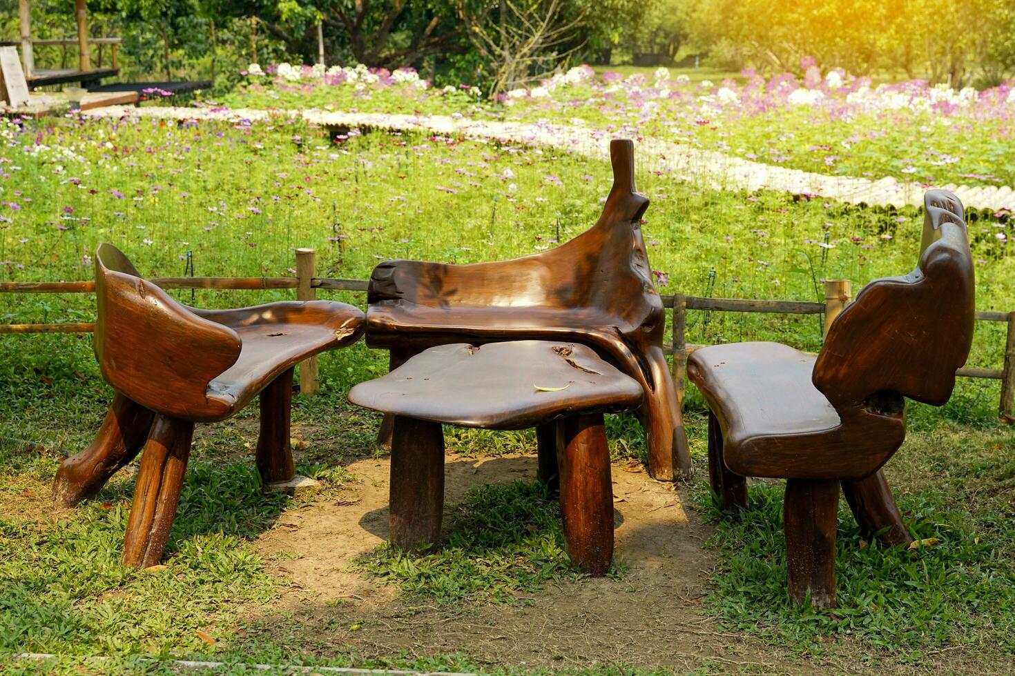 Wooden furniture set made from tree stumps, roots, scrap wood, products from the community. Put
