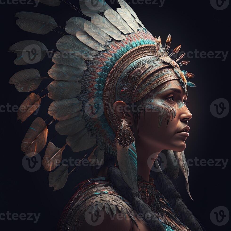 native american woman in ceremonial head dress, reflection of the silhouette of tribal ancestors in her eyes. Close up of colorful dressed native woman isolated on black background. photo