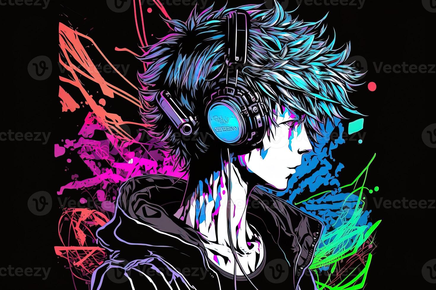 an neon gamer anime fashion boy or man wearing headphones, lost in his music. abstract background that evokes the feeling of different genres of music. banner music concept photo