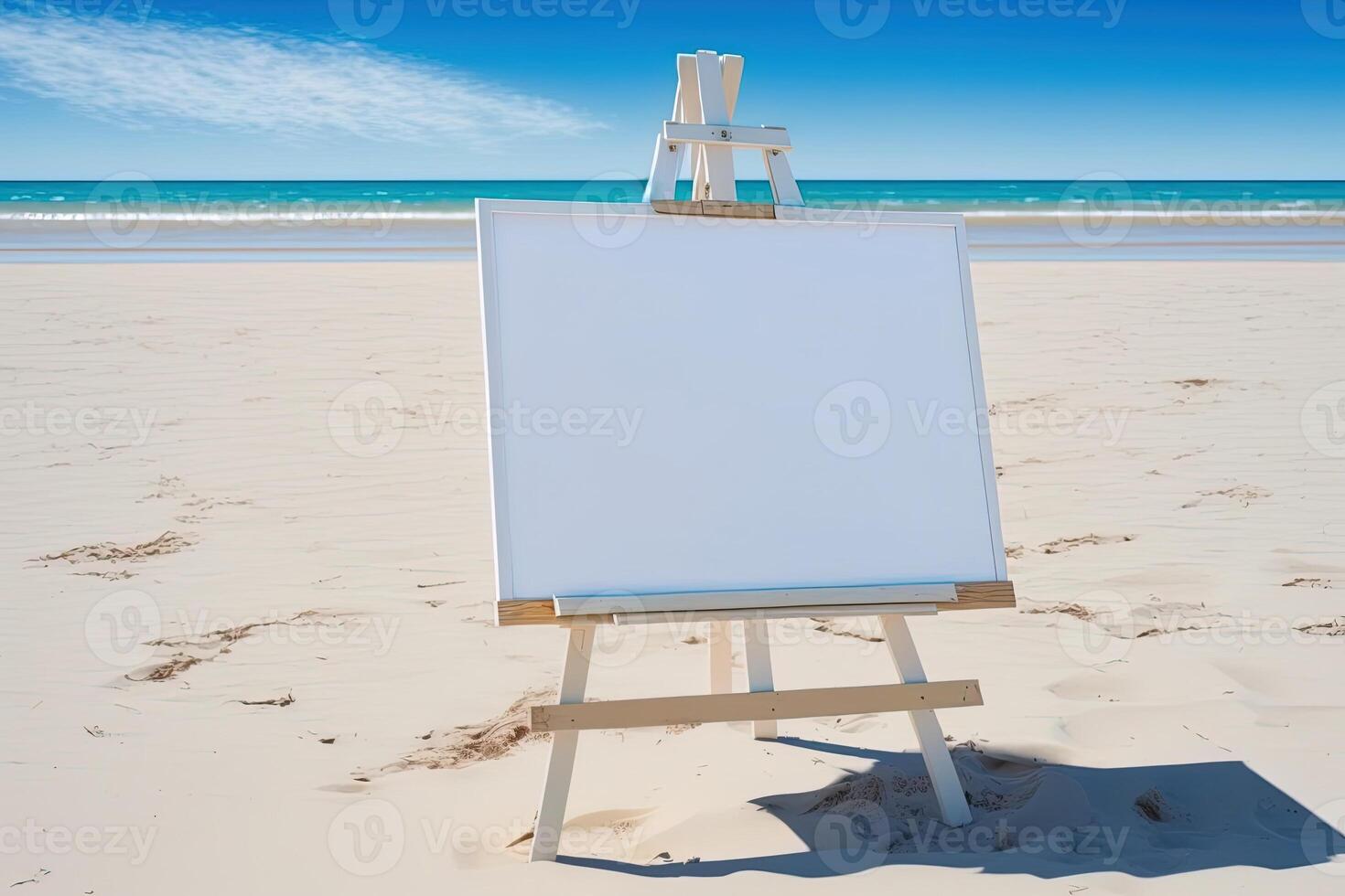 White blank artist frame on a small wooden easel on summer sea beach background with copy space. Advertising mockup artboard for pictures or artwork. Painting frame template banner. photo