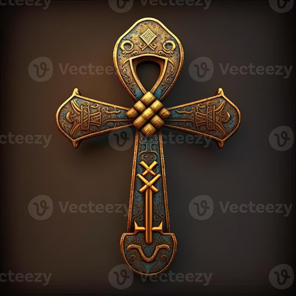 Ancient golden ankh symbol isolated on dark background. Illustration of an Egyptian cross in digital form. The ancient Egyptians used the Ankh as a symbol for eternal life. photo