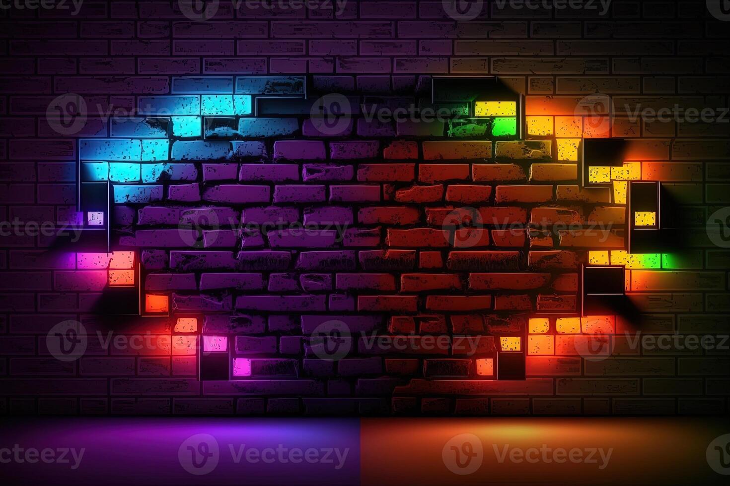 Modern futuristic blank brick wall background with neon lights. old grunge brick wall room background. Colorful copy space concept. photo