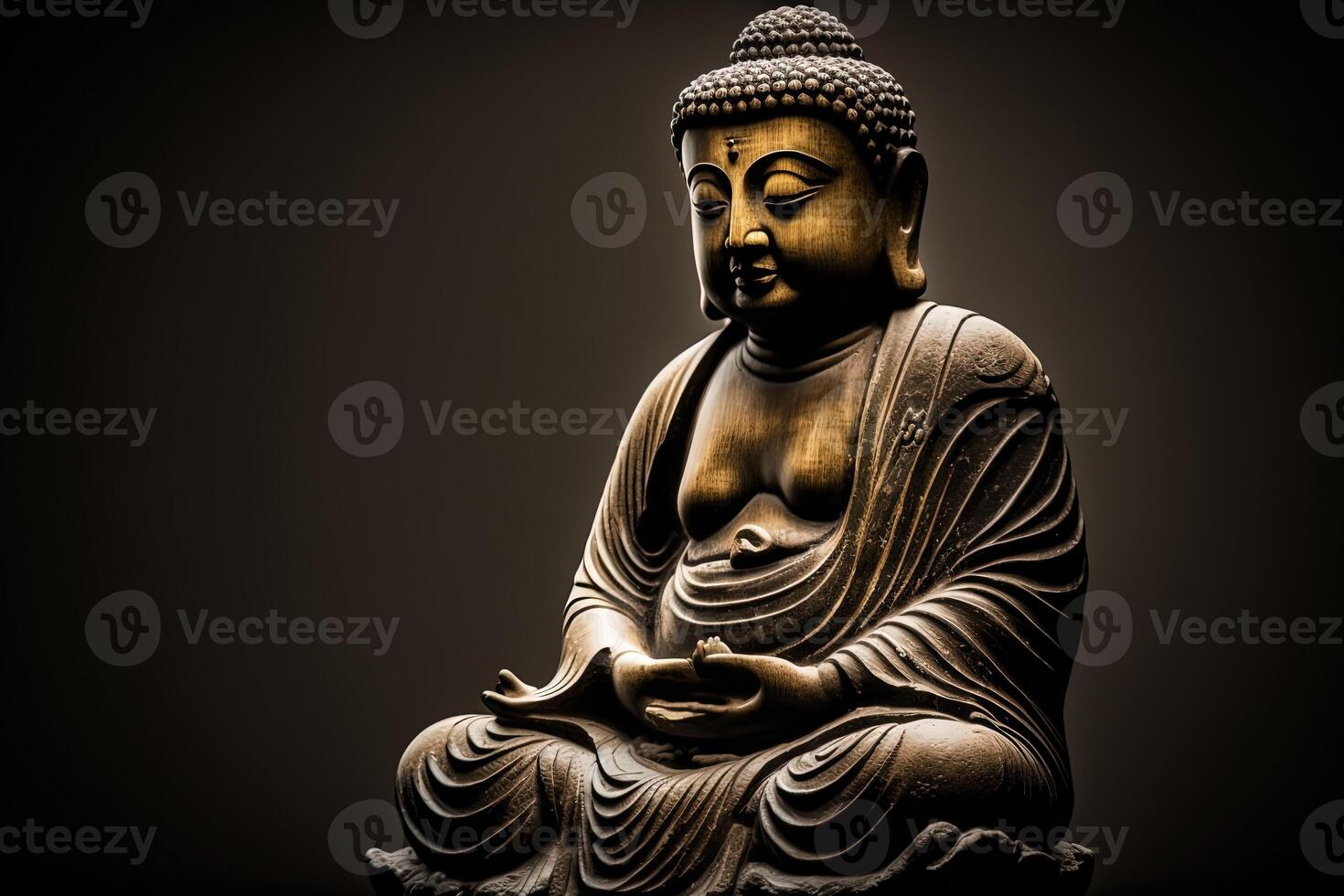 Buddha statue with cherry blossom. Mediation and zen concept. illustration of golden statue of Buddha at zen garden photo