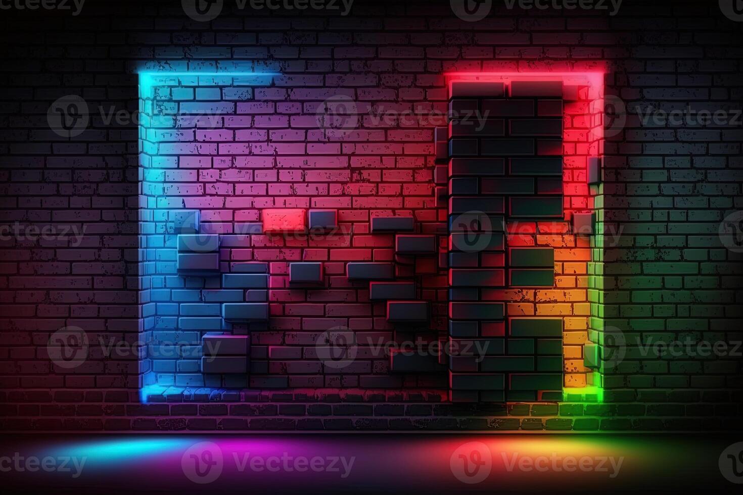 Modern futuristic blank brick wall background with neon lights. old grunge brick wall room background. Colorful copy space concept. photo