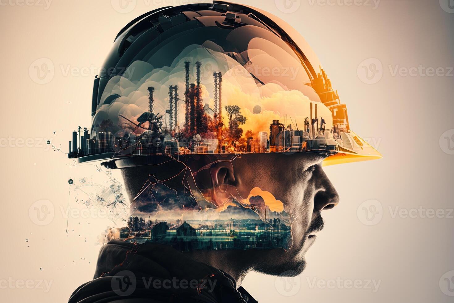 Conceptual graphic design of an energy sector and future manufacturing. With double exposure artwork, an oil, gas, and petrochemical refinery facility demonstrates the future of power. photo