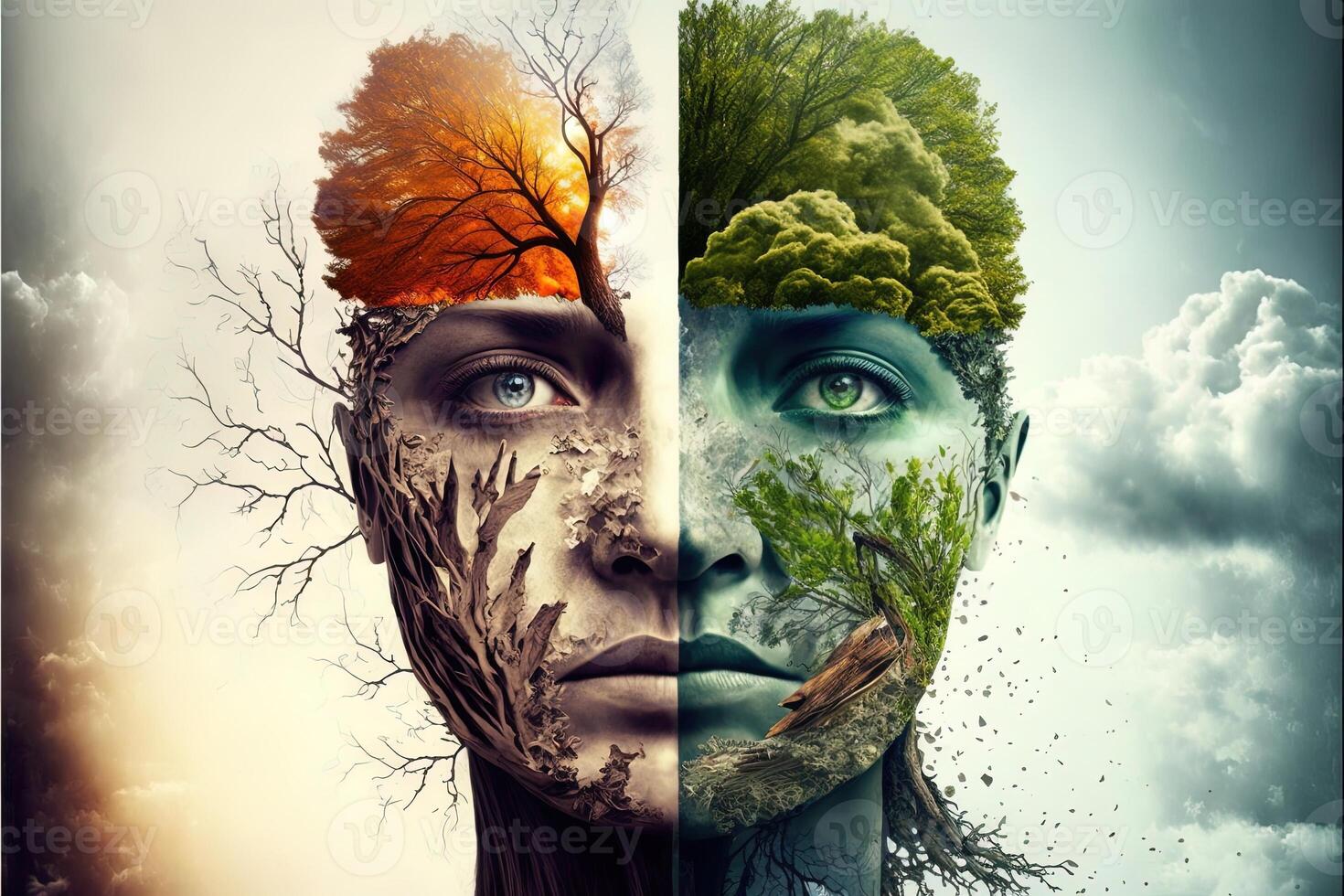 illustration of the four temporal seasons in one face, one frame, one tree. Nature concept. Digitally generated image photo