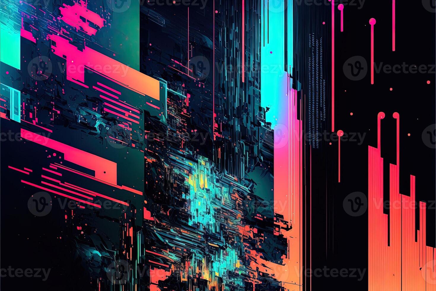 Abstract background with interlaced digital glitch and distortion effect. Futuristic cyberpunk design. Retro futurism, web punk, rave 80s 90s cyberpunk aesthetic techno neon colors. photo