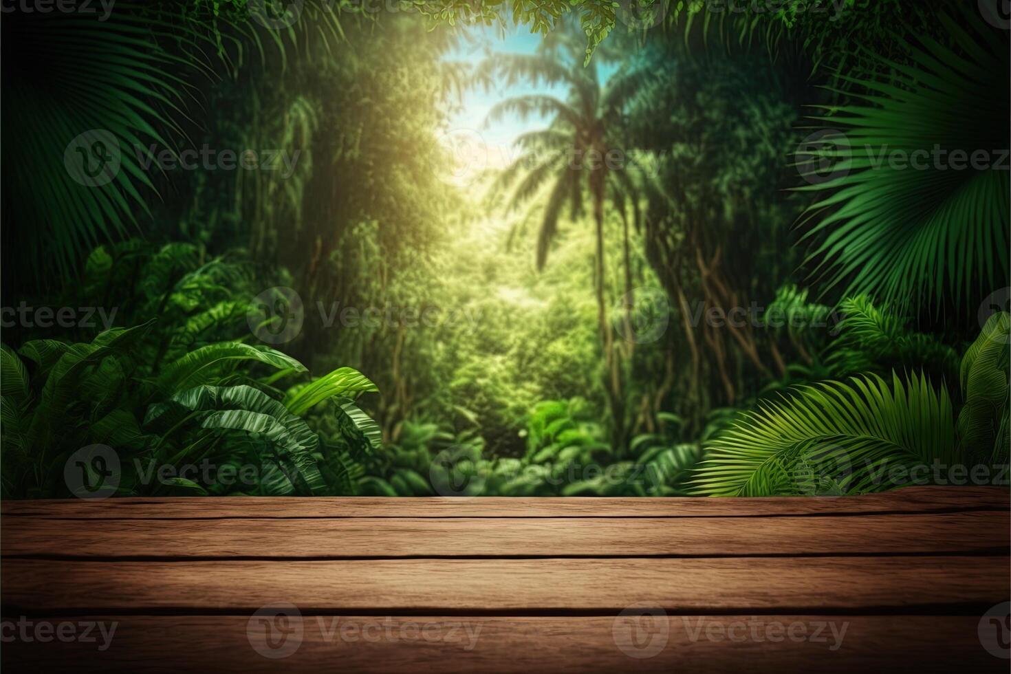 Tropical background with a wooden table on the forefront and lush vegetation with lots of copy space, perfect for editing with your product. Empty ready for your product display. photo