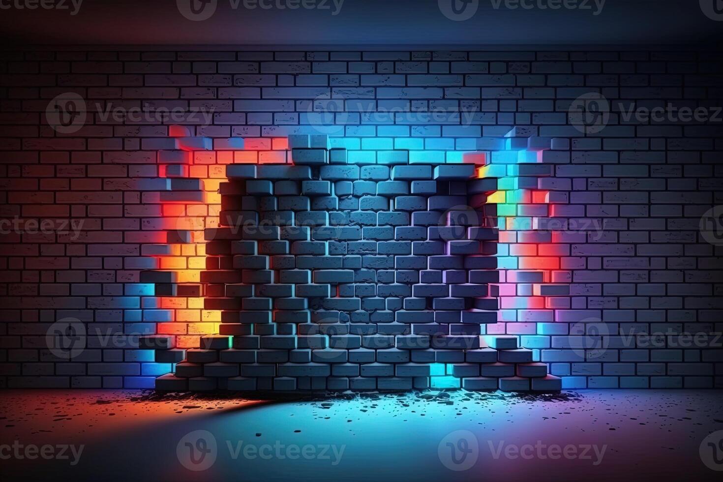 Modern futuristic blank brick wall background with neon lights. old grunge brick wall room background. Colorful copy space concept. photo